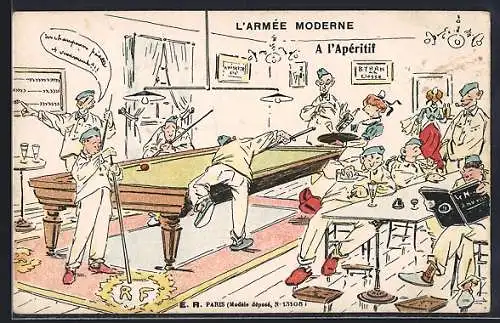 Künstler-AK L`Armée Moderne, A l`Apéritif, Soldaten spielen Billard