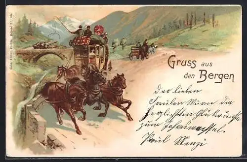 Lithographie Rasende Postkutsche bei der Bergabfahrt