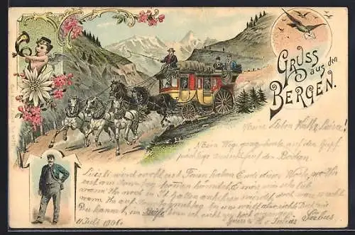 Lithographie Eine Postkutsche in den Bergen