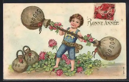 Künstler-AK Kind beim Gewichtheben mit Geldsäcken, Kleeblätter, Bonne Année