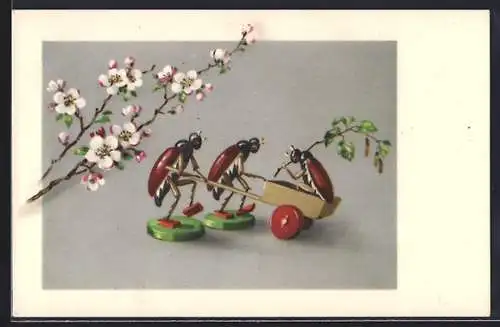 Künstler-AK Maikäfer-Holzspielzeug mit Holzwagen und Blüten