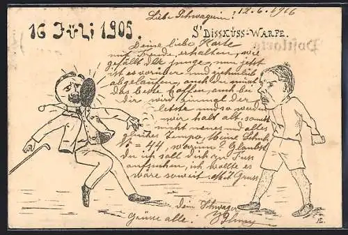 Künstler-AK S`Diskuss-Warfe, Ein Mann wirft einem anderen einen Diskus an den Kopf