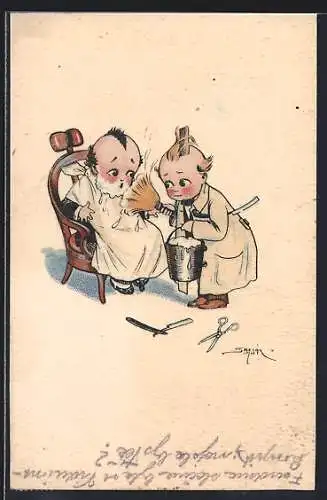 Künstler-AK Kinder spielen Friseur