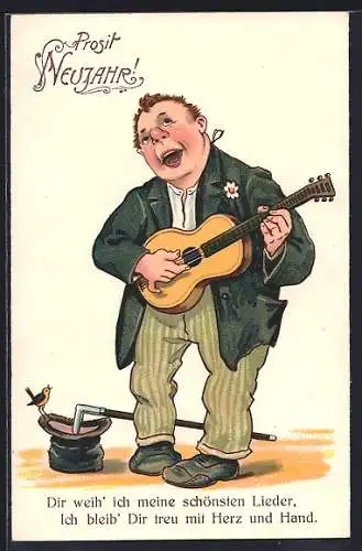AK Mann mit Gitarre und Vogel, Prosit Neujahr!