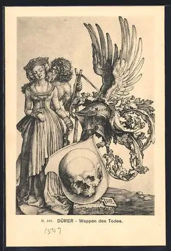 Künstler-AK sign. Dürer: Wappen des Todes, Der Tod holt eine Frau