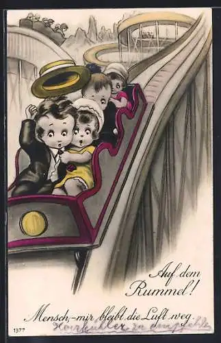 Künstler-AK Kinder auf einer Achterbahn auf dem Rummel