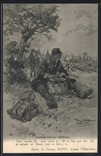 Künstler-AK Soldat der französischen Infanterie beim Verfassen eines Feldpostbriefs