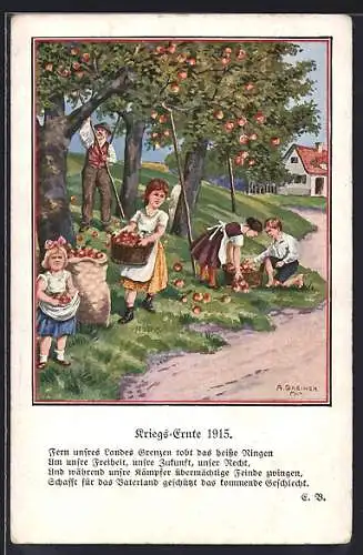 Künstler-AK Kinder bei der Apfel-Ernte, Kriegs-Ernte 1915