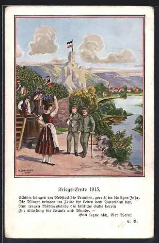 Künstler-AK Weinernte mit Soldaten in Uniform, Kriegshilfe