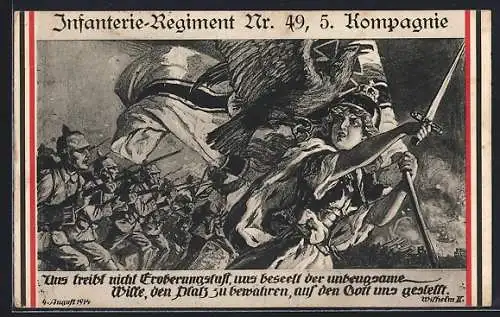 Künstler-AK Infanterie-Regiment Nr. 49, 5. Kompagnie, Germania mit Reichskriegsflagge führt Truppen an