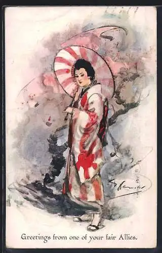 AK Junge Geisha mit Schirm