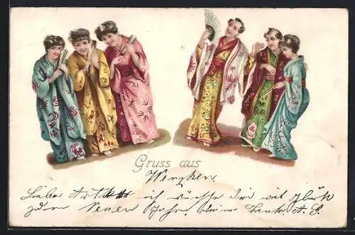 Lithographie Japanerinnen in bunten Kimonos mit Fächern