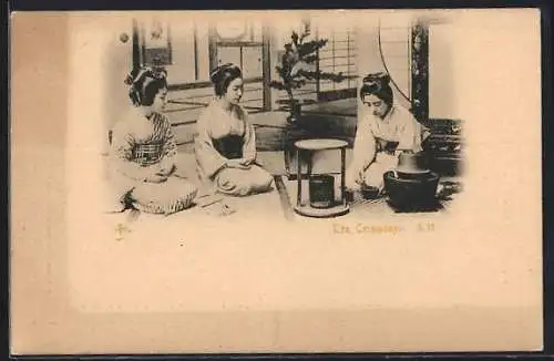 AK Drei junge Japanerinnen bei der Teezeremonie