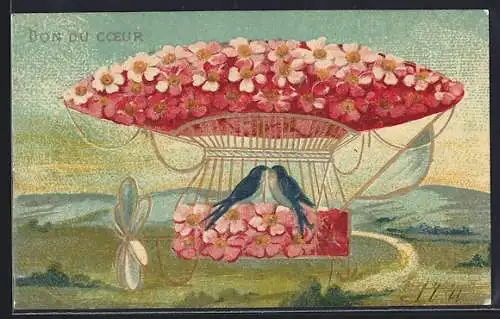 AK Schwalben in einem Ballon aus Blumen, Neujahrsgruss