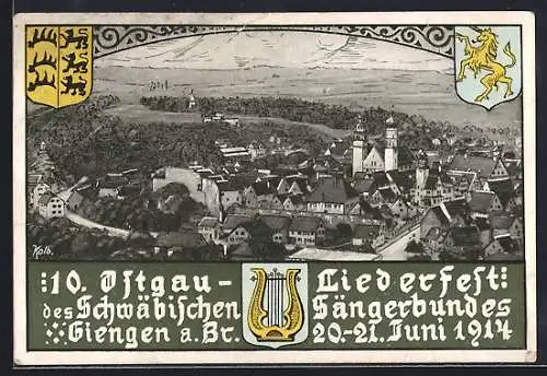 AK Giengen a. Br., 10. Ostgau-Liederfest des schwäbischen Sängerbundes 1914, Panorama mit Wappen und Leier