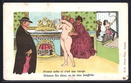 Künstler-AK Mann sieht sich nackte Frau an, Nehmen Sie diese, es ist eine Jungfrau