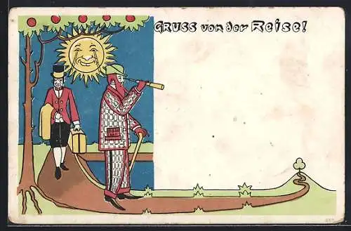 Lithographie Männer kehren von einer Reise zurück, Jugendstil