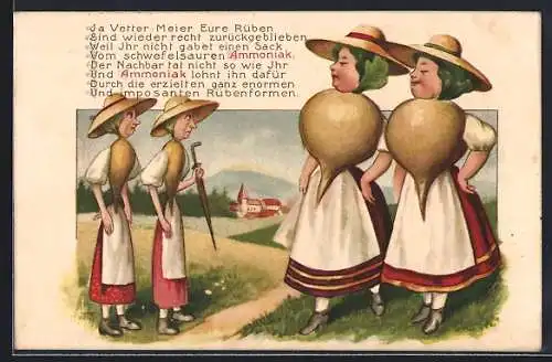 AK Reklame für Ammoniak-Dünger, Metamorphose: Dünne und dicke Rüben als Frauen dargestellt