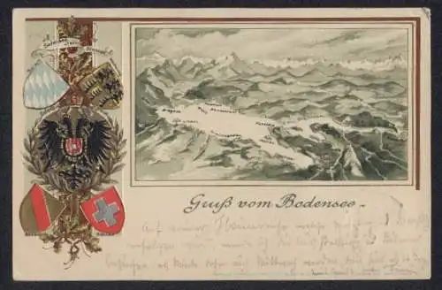 AK Bodensee, Wappen der Bodenseeufer-Staaten und Reliefkarte vom Bodensee