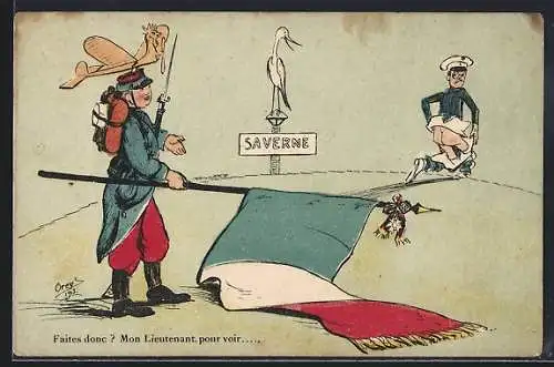 Künstler-AK Charles Denizard (Orens): Soldat in Uniform mit französischer Flagge, Faites donc?
