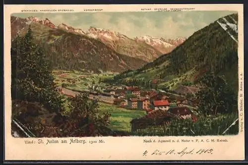 Künstler-AK F.A.C.M. Reisch: St. Anton am Arlberg, Blick auf den Ort im Tal