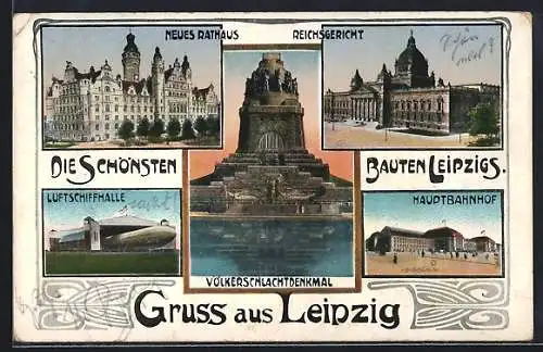 AK Leipzig, Reichsgericht, Luftschiffhalle, Hauptbahnhof, 5 Ansichten