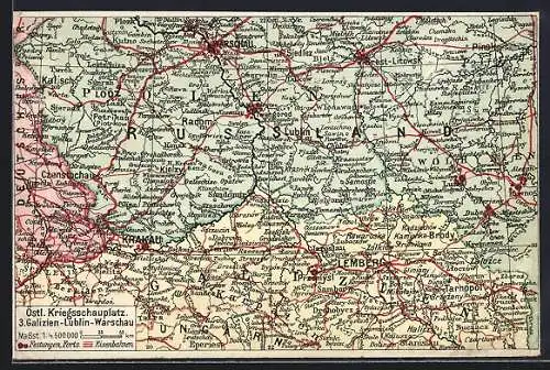 AK Landkarte des östlichen Kriegsschauplatzes Galizien-Lublin-Warschau, 1. Weltkrieg