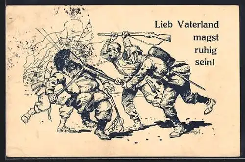 Künstler-AK Ernst Schlemo: Soldaten in Uniform im Kampf, Lieb Vaterland magst ruhig sein!
