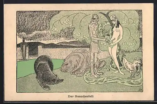 Künstler-AK sign. Karl Arnold: Der Suendenfall, Adam und Eva im Garten Eden