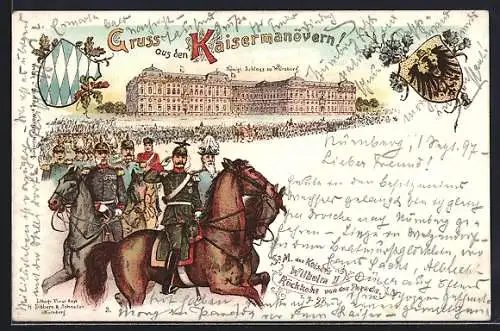 Lithographie Würzburg, Kaisermanöver 1897, Königl. Schloss, Kaiser Wilhelm II. kehrt von der Parade zurück
