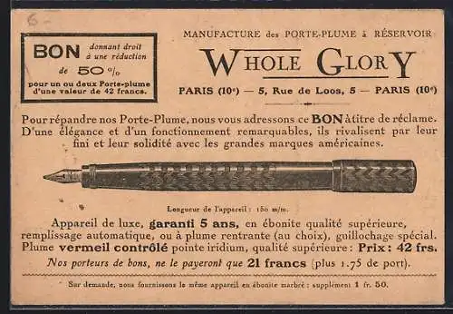 AK Paris, Porte-Plume Whole Glory, Rue de Loos 5