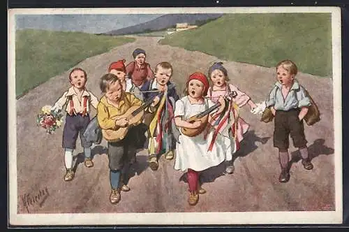 Künstler-AK Brüder Kohn (B.K.W.I) Nr.: 175/5 Karl Feiertag: Musizierende und singende Kinderschar auf Wanderschaft