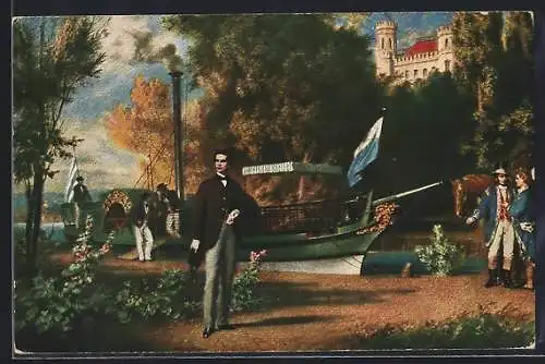 Künstler-AK Schloss Berg, Erste Landung von König Ludwig II.