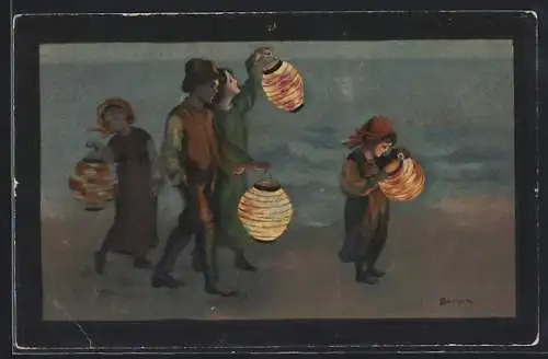 Künstler-AK S. Barham: Kinder nachts mit Laternen am Strand