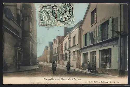 AK Ricey-Bas, Place de l`Église avec passants et facades de boutiques