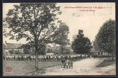 AK Celles-sur-Ource, Le Pré du Château avec rassemblement de personnes