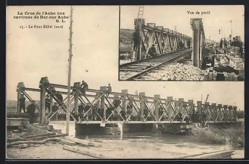 AK Bar-sur-Aube, Le Pont Eiffel lancé et vue de profil pendant la crue de l`Aube