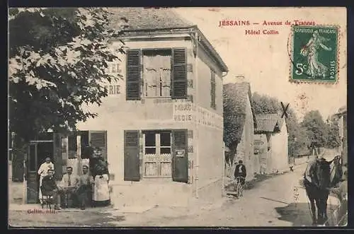 AK Jessains, Avenue de France, Hôtel Collin avec habitants devant la bâtisse