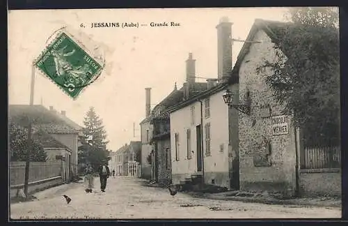 AK Jessains, Grande Rue avec passants et enseigne du Boulanger