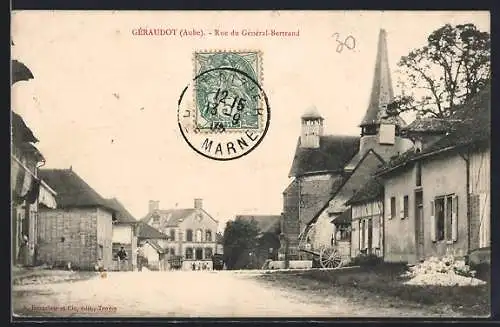 AK Géraudot, Rue du Général-Bertrand avec église et charrette