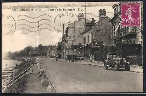 AK Ablon, Quai de la Baronnerie mit Gasthaus und geparktem Auto