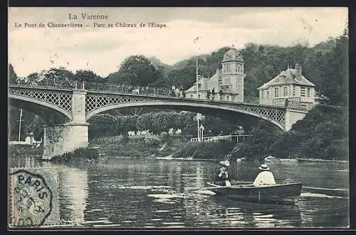 AK La Varenne, Le Pont de Chennevières et Château de l`Étape avec barque sur la rivière