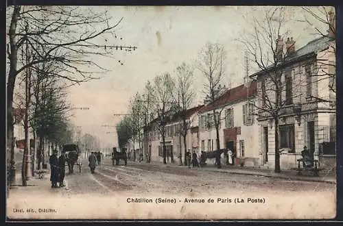 AK Châtillon, Avenue de Paris, La Poste, avec calèches et passants