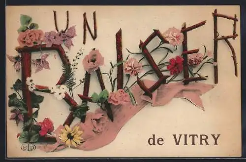AK Vitry, Un baiser fleuri avec des roses et des marguerites