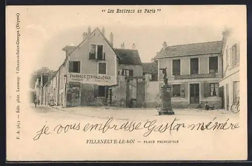 AK Villeneuve-le-Roi, Place Principale avec statue et pharmacie centrale