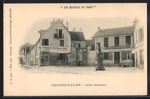 AK Villeneuve-le-Roi, Place Principale avec pharmacie et statue