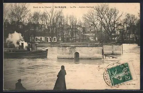 AK Saint-Maur, La Pie, Ancien barrage sur la Marne avec bateau à vapeur