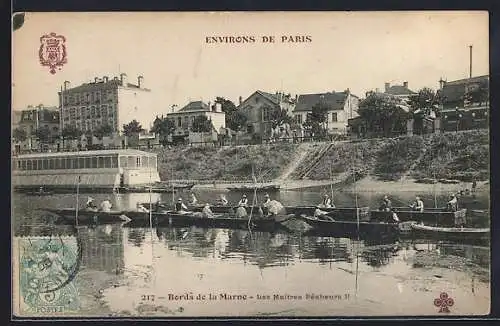 AK Bords de la Marne, Les Maîtres Pêcheurs et péniche sur la rivière