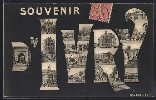 AK Paris, Souvenir avec collages des monuments emblématiques