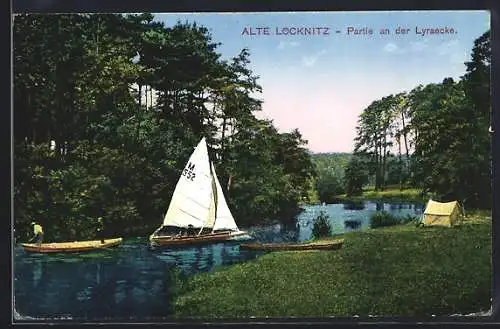 AK Alte Löcknitz, Partie an der Lyraecke, Segelboot, Zelt
